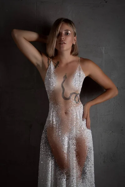 Retrato de uma menina sensual sexy em roupas transparentes — Fotografia de Stock