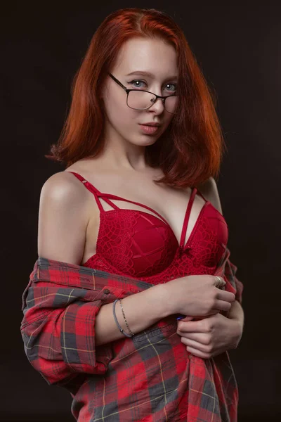 Sexy Gorgeous Young Woman Unbuttoned Shirt Red Beautiful Underwear Posing — Stock Photo, Image