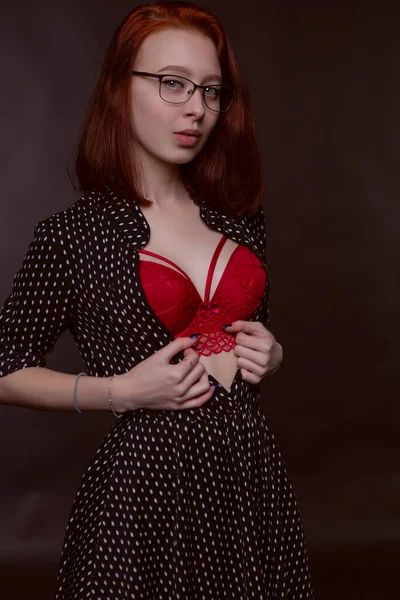 Sexy Gorgeous Girl Posing Unbuttoned Dress Beautiful Red Underwear Photo — Stock Photo, Image