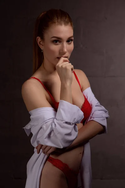 Beautiful Sexy Girl White Shirt Red Underwear Photo White Background — Stock Photo, Image