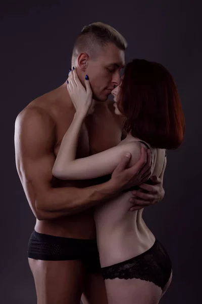 Sexy Young Couple Love Underwear Fit Tender Passion Dark Background — Stockfoto
