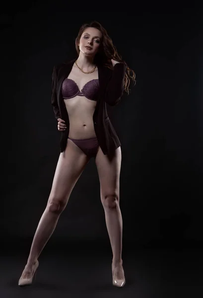 Gorgeous Sexy Young Woman Black Jacket Beautiful Underwear Poses Studio Royalty Free Stock Photos