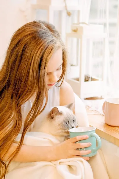 Hermosa Niña Ríe Sienta Alféizar Ventana Cerca Ventana Con Gatito —  Fotos de Stock