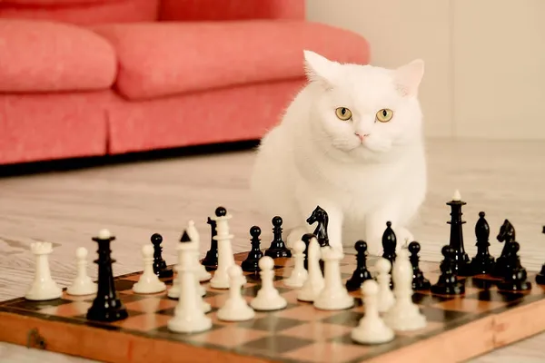 Smart White Cat Playing Chess Floor Sofa Pet Strategist Looking — Stock Photo, Image