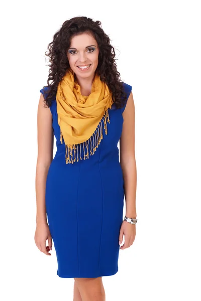 Young attractive smiling woman in a blue dress, isolated on whit — Stock Photo, Image