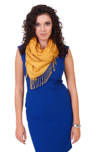 Young attractive smiling woman in a blue dress, isolated on whit — Stock Photo, Image