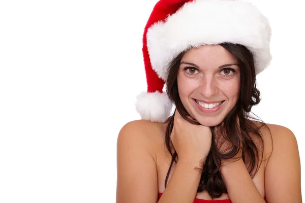 Happy young female in santa hat, isolated on white — Stock Photo, Image