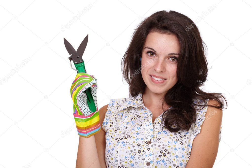 young smiled girl gardener with glove isolated