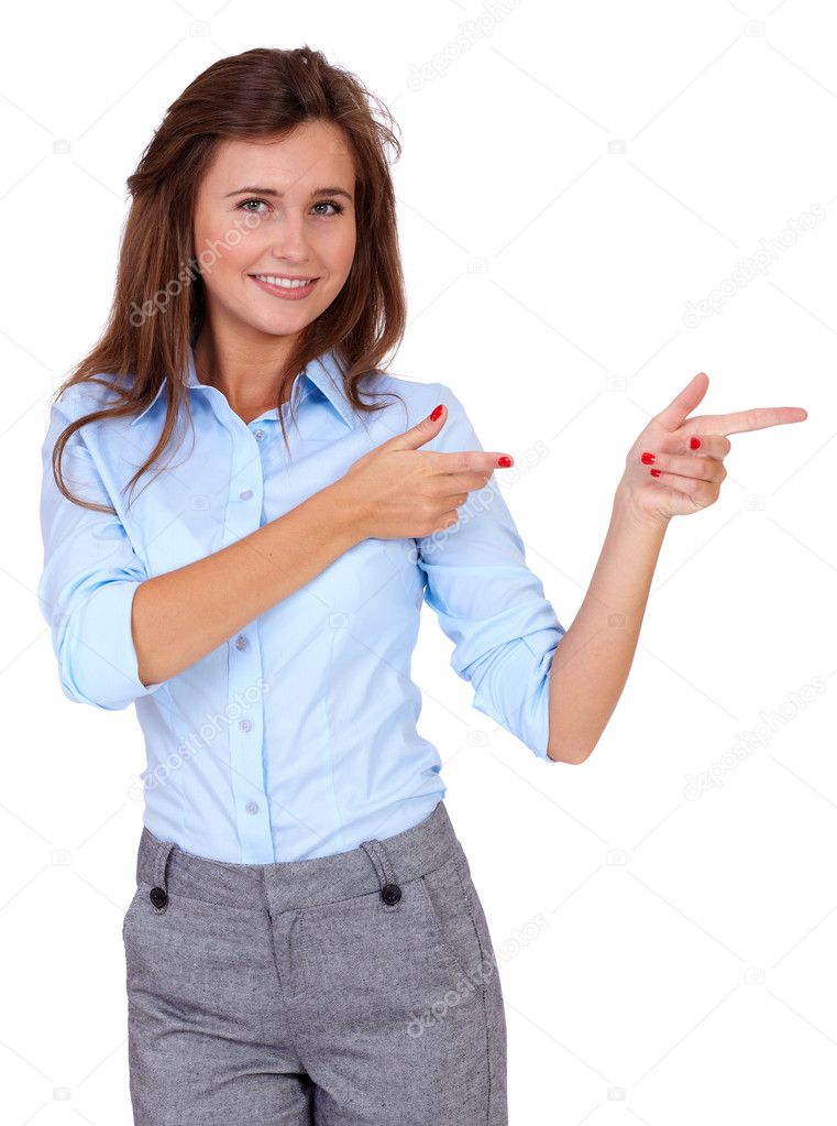 Young attractive businesswoman point to her side, isolated