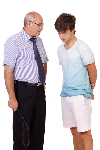 Strict father punishes his young son, isolated on white backgrou — Stock Photo, Image