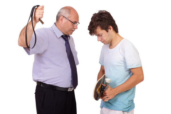 Strict father punishes his young son, isolated on white backgrou