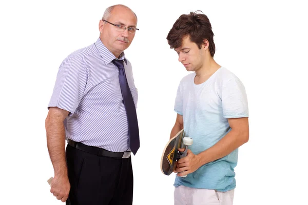 Strict father punishes his young son, isolated on white backgrou — Stock Photo, Image