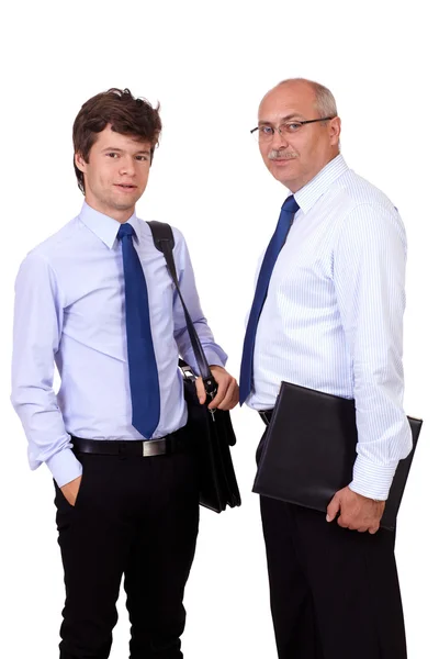 Young businessman and senior businessman in blue shirts, isolate — Stockfoto