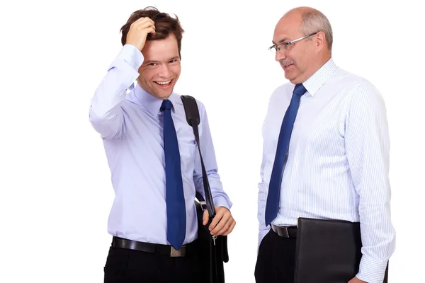 Young businessman and senior businessman in blue shirts, isolate — Stockfoto