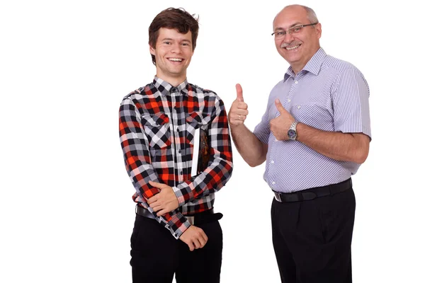 Retrato de animado dois caras torcendo sucesso, isolado em branco — Fotografia de Stock