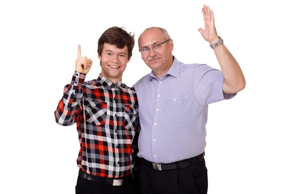 Retrato de animado dois caras torcendo sucesso, isolado em branco — Fotografia de Stock