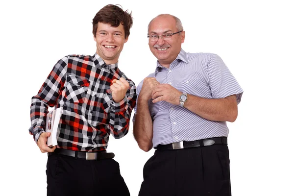 Retrato de animado dois caras torcendo sucesso, isolado em branco — Fotografia de Stock