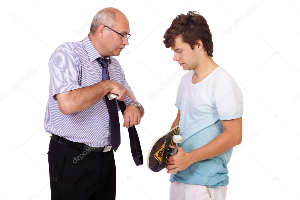 Strict father punishes his young son, isolated on white backgrou