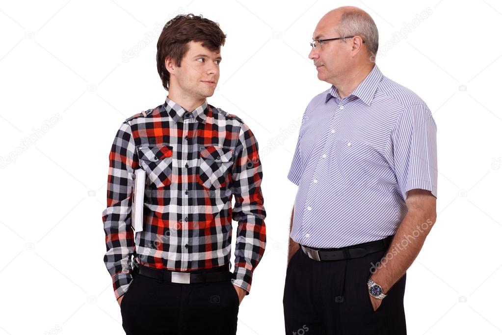 Father talking with his young son, isolated on white background