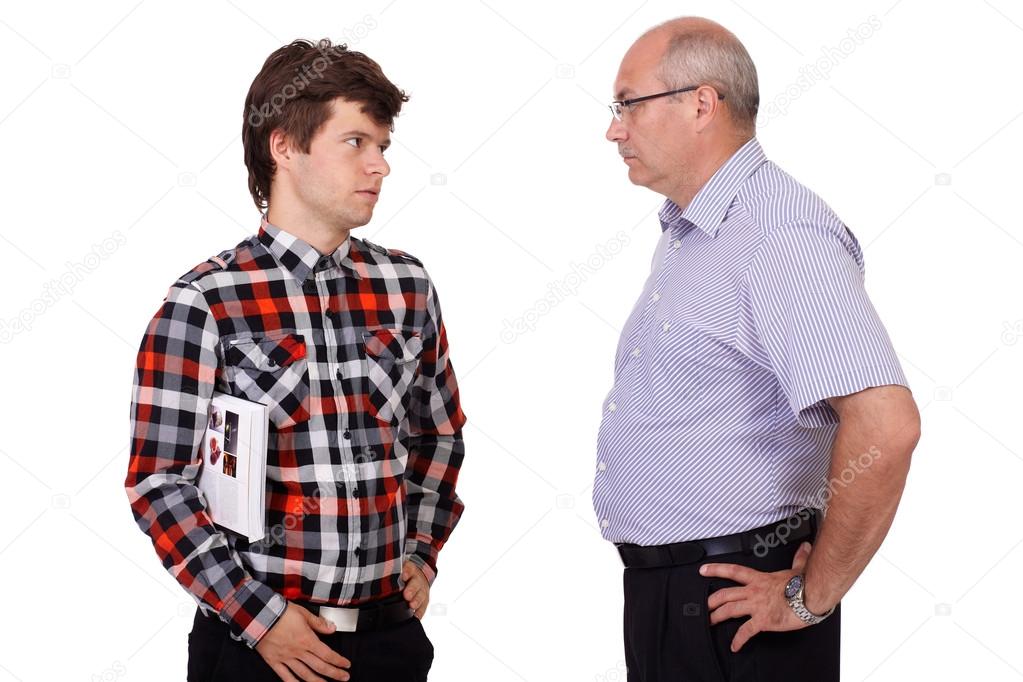 Strict father talking with his young son, isolated on white back