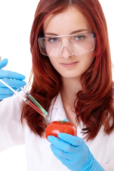 Młody atrakcyjny uśmiechający się kobiece biolog, na białym tle — Zdjęcie stockowe