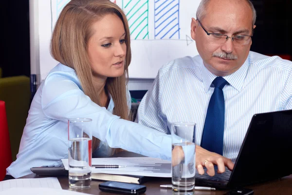 Young businesswoman discuss with senior businessman, background Stock Picture