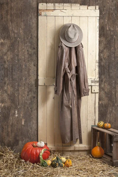 Cowboy hat and coat haning on a barndoor, — Stock Photo, Image