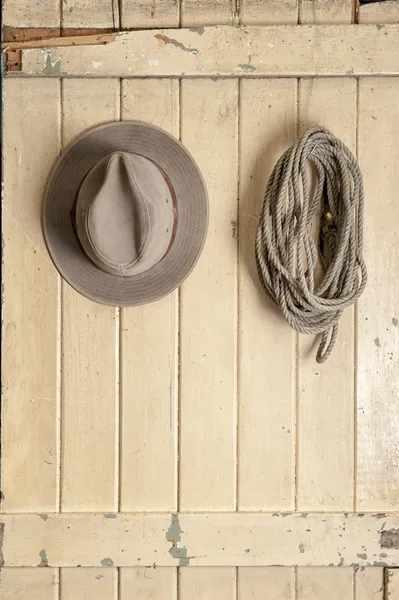 Chapéu de cowboy de couro pendurado em uma porta velha Imagem De Stock