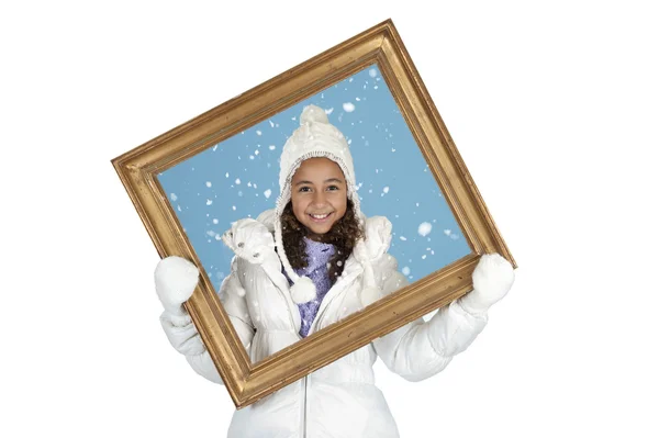 Gril in winter clothes holding a frame — Stock Photo, Image