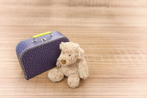 Medvídek s růžovým kufru — Stock fotografie