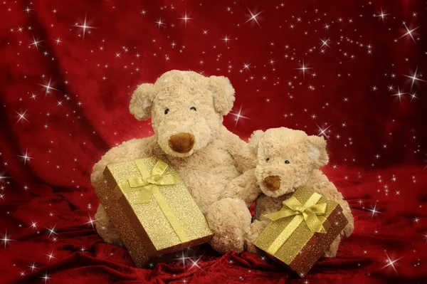 Два плюшевых медведя с золотой подарочной коробкой на фоне красных звезд — стоковое фото