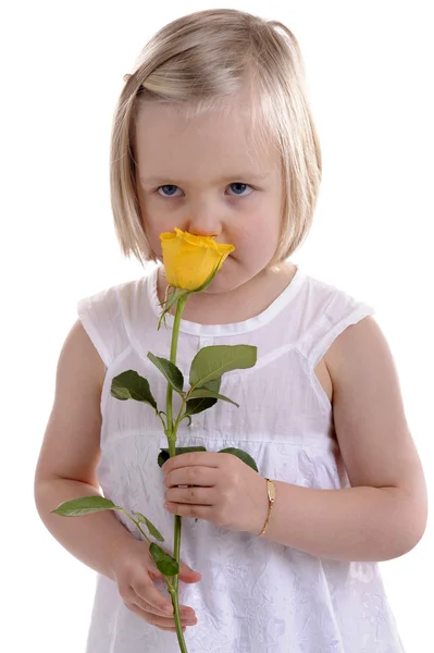 Menina em branco cheirando rosa amarela — Fotografia de Stock
