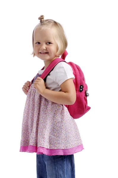 Little girl with pink backpack — Stock Photo, Image