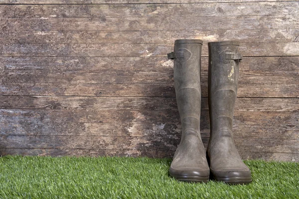 Stivali da giardino su erba contro una parete di legno — Foto Stock