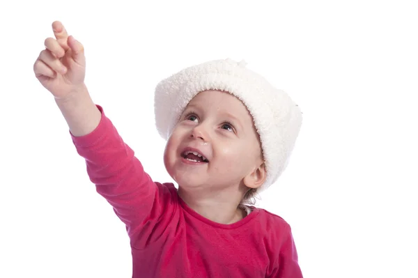 Little girl looking up trying to grab something — Stock Photo, Image