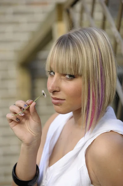 Jonge blonde vrouw met daisy. buitenshuis — Stockfoto