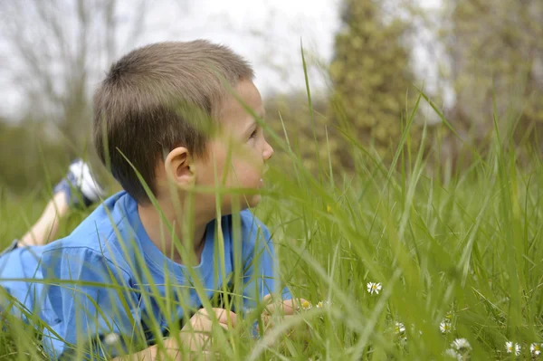 Kleine jongen liggend op zijn buik in het gras — Stockfoto