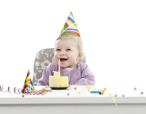Baby having her first birthday, isolated on white — Stock Photo, Image