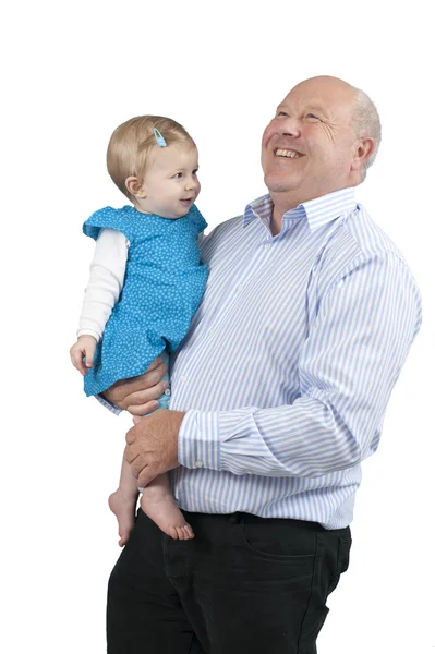 Skrattar farfar med barnbarn, isolerad på vit — Stockfoto