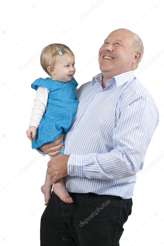 laughing grandfather with granddaughter,isolated on white