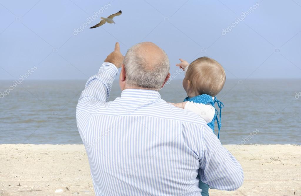 grandfather with granddaughter looking at seagulls