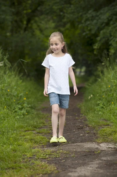 Wakacje letnie: Littel dziewczyna spaceru na ścieżki w lesie — Zdjęcie stockowe