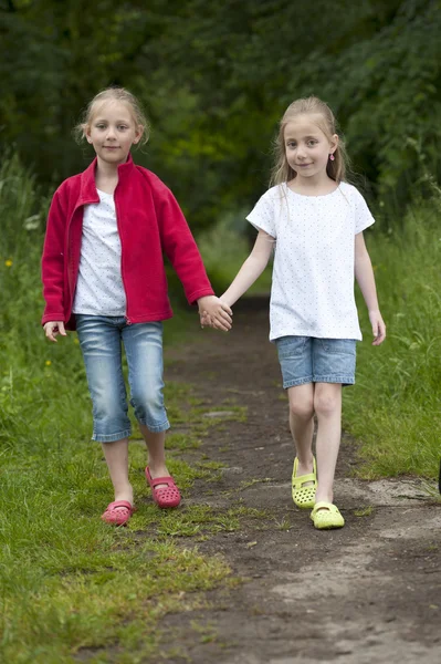 Sommarlovet: Littel tjejer går på en stig i skogen — Stockfoto