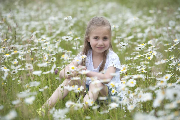 Niña sentada en el prado entre margaritas — Foto de Stock