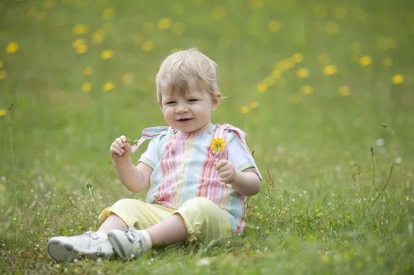 Peuter zitten in de tuin, spelen met bloemen — Stockfoto