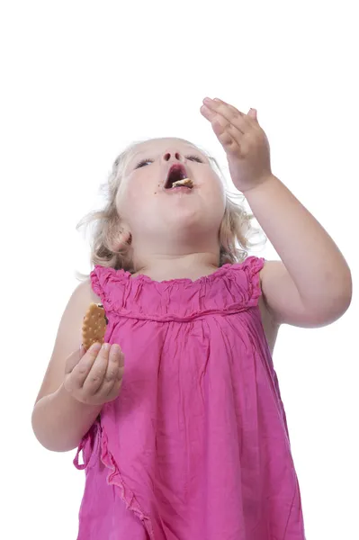 Petite fille en rose manger un biscuit, isolé sur blanc — Photo