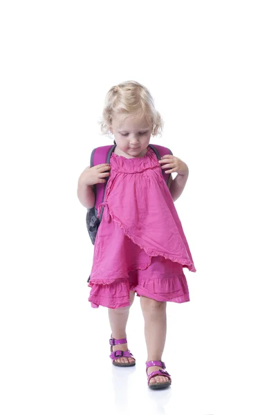 Voltar para a escola, menina com mochila, isolado em branco — Fotografia de Stock