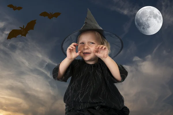 Little halloween witch, at night — Stock Photo, Image