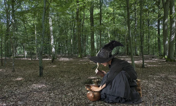 Halloween witch outdoors in the woods — Stock Photo, Image