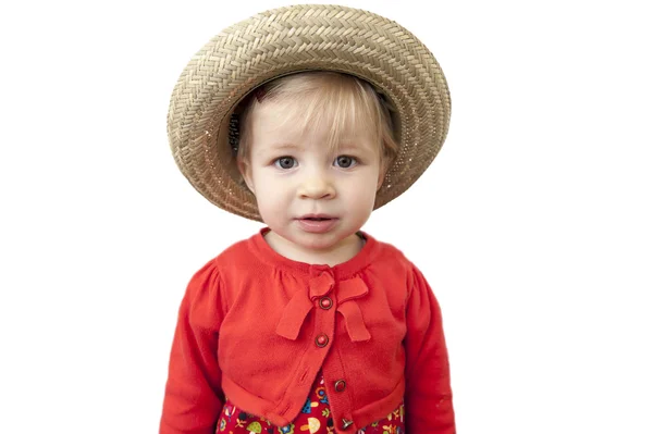 Little toddler with summer straw hat — Stock Photo, Image